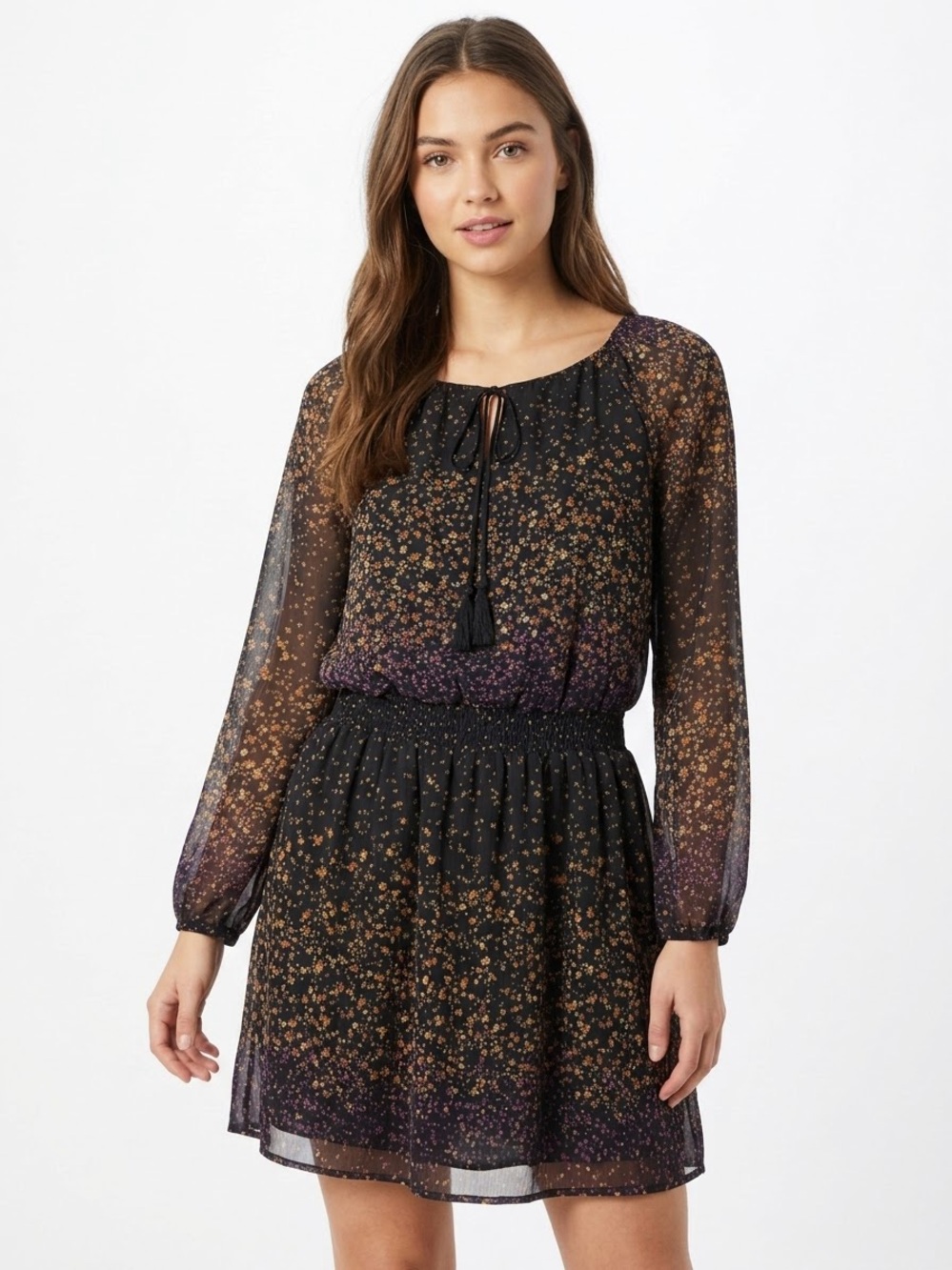 Jessica Simpson Floral Long-Sleeve Smocked Waist Dress Lined